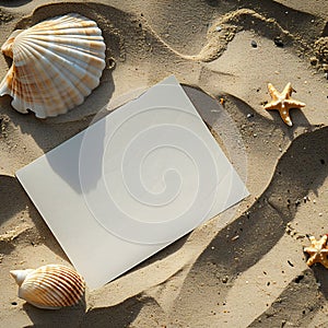 holiday beach concept with sea shells and a blank postcard