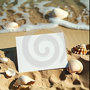 holiday beach concept with sea shells and a blank postcard