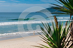 Holiday beach and ocean with surfing waves in Brazil. Morro das Pedras beach in Florianopolis photo