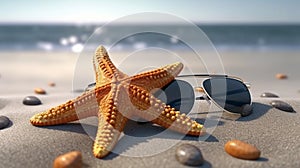 Holiday in beach on the summer with surfboard and starfish and sunglasses. AI Generative