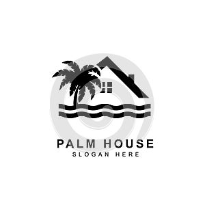 holiday beach with tree palm and home logo design