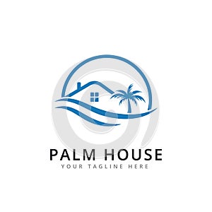 holiday beach with tree palm and home logo design