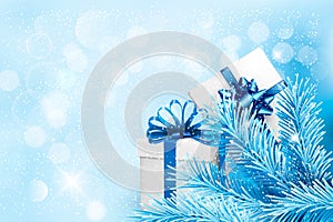 Holiday blue background with gift boxes