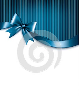 Holiday blue background with red gift glossy bow and ribbons.