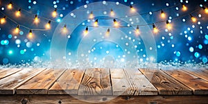 Holiday Blue Background with Wooden Table Snow and Lights