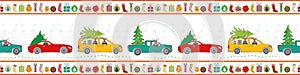 Holiday border design with cartoon reindeer, trucks, cars, Christmas trees and gifts in traditional colors. Seamless