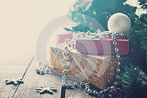 Holiday Boxes with beads . Toned photo