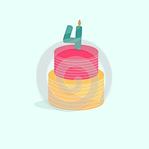 Holiday bright cake with candle age four. Vector illustration