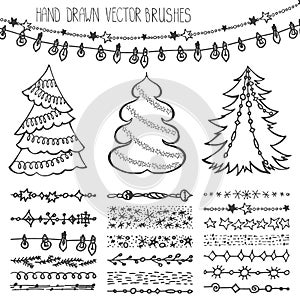 Holiday brushes.Christmas doodle set.Black