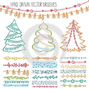 Holiday brushes.Christmas doodle set.Colored