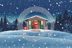 a holiday cabin seasons greetings country cold winter christmas eve night holidays isolated freezing snowfall warm cozy greeting