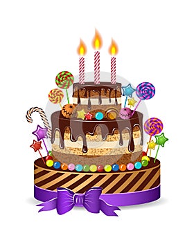 Holiday cake for children to congratulate the birthday, isolate and set of candles, candy, chocolate, caramel, vector illustration photo