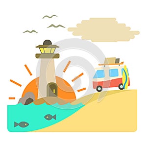 Holiday on car by sea concept, flat style