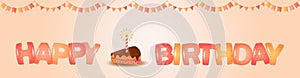 Holiday card or banner template. happy birthday cute lettering with 3d letters and a piece of cake with a candle with fireworks