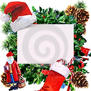 Holiday card with Christmas decoration, Santa Claus hat and toy, stocking with candy canes, pine branches and cones