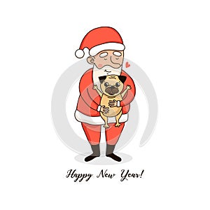 Holiday card with cute santa and puppy pug.