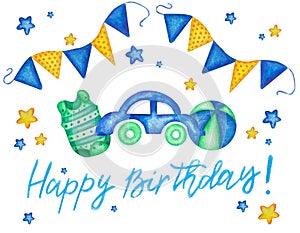 Holiday card design with watercolor hand drawn toy car ball and bodysuit. Baby shower. Happy birthday baby boy