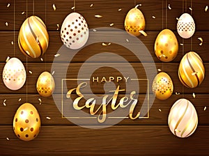 Holiday Card with Golden Easter Eggs on Wooden Background