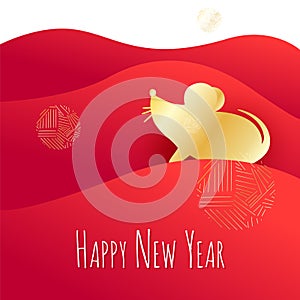 Holiday card with golden mouse in flat design on red background. Vector
