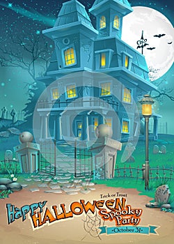 Holiday card for Halloween with a strange and mysterious house with ghosts photo