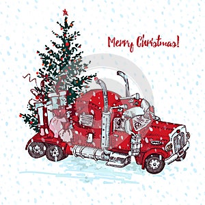 Holiday card Hand drawn red truck with christmas tree and gifts isolated on white background. Vintage sketch xmas lorry