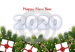 Holiday card. Happy New Year 2020. Snow numbers, fir tree branches, gift box and candy canes on white background. Traditional art