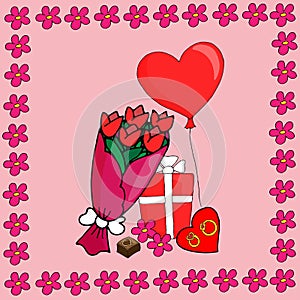 holiday card love confession on pink background with flower frame