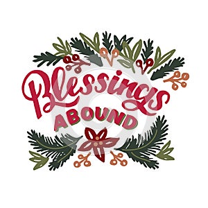 Holiday card, made hand lettering Blessings abound.