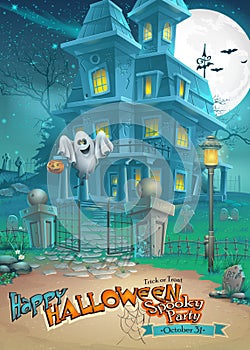 Holiday card with a mysterious Halloween haunted house and fun ghost