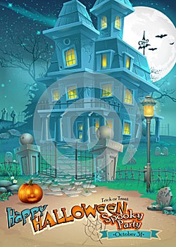 Holiday card with a mysterious Halloween haunted house and scary pumpkin