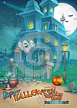 Holiday card with a mysterious Halloween haunted house, scary pumpkins, magic hat and cheerful ghost