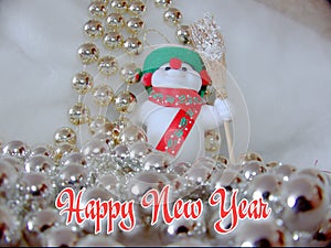 Holiday card in new year night. Merry snowman. Symbols of the New year and Christmas.