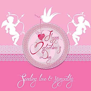 Holiday card with round lace frame, cute angels, heart and dove