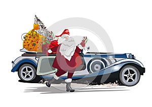 Holiday card with Santa Claus near the retro car with big bags of gifts.