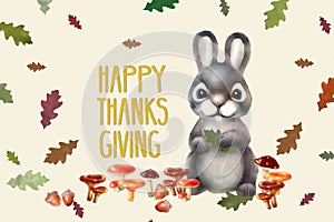 Holiday card with squirrel, autumn color leaves, mushrooms and text `Happy thanksgiving` for Thanksgiving day.