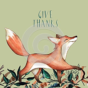 Holiday card with squirrel, autumn color leaves, mushrooms and text `Happy thanksgiving` for Thanksgiving day.