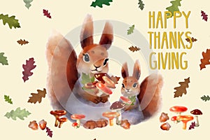 Holiday card with squirrel, autumn color leaves, mushrooms and text `Happy thanksgiving` for Thanksgiving day.