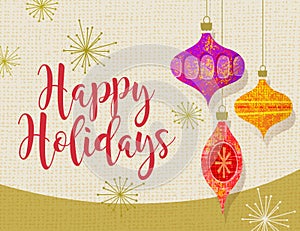 Holiday card with stylized retro christmas tree ornaments