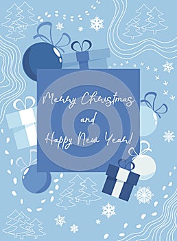 Holiday card template for New Year and Christmas holidays in blue tones