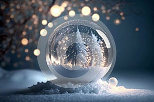 Holiday Card. Transparent Snow globe with snow and Christmas tree inside. Christmas glass ball on snow. Generative AI