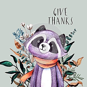Holiday card with violet raccoon, wreath from the autumn leaves, berries and text `Give thanks` for Thanksgiving day.