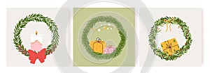 Holiday cards with christmas wreath. Decorative fir tree wreaths with candle, gifts and garlands. Vector trendy xmas