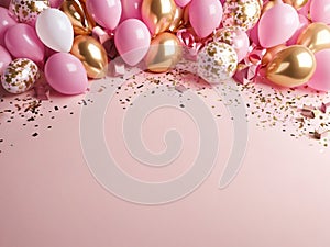 Holiday celebration background with pink Gold balloons, gifts and confetti.