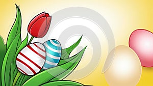 Holiday celebration banner with colorful tulips, spring flowers and colorful decorated Easter eggs on light background