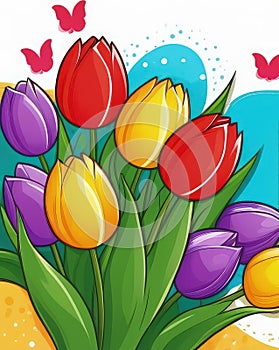 Holiday celebration banner with colorful tulips, spring flowers and colorful decorated Easter eggs on light background