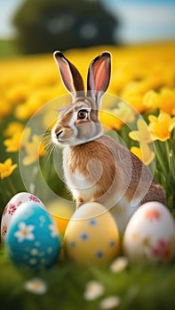 Holiday celebration banner with cute Easter bunny with decorated eggs and spring flowers on green spring meadow. Rabbit