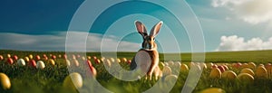 Holiday celebration banner with cute Easter bunny with decorated eggs and spring flowers on green spring meadow. Rabbit