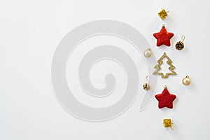 Holiday and celebration concept for postcard or invitation. Christmas or new year border. Christmas decorations in gold and brown