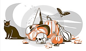 Objects set with pumpkins, silhouette on the moonlight