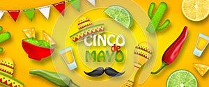 Holiday Celebration Poster for Cinco De Mayo with Chili Pepper, Sombrero Hat, Maracas, Piece of Lime, Cactus photo